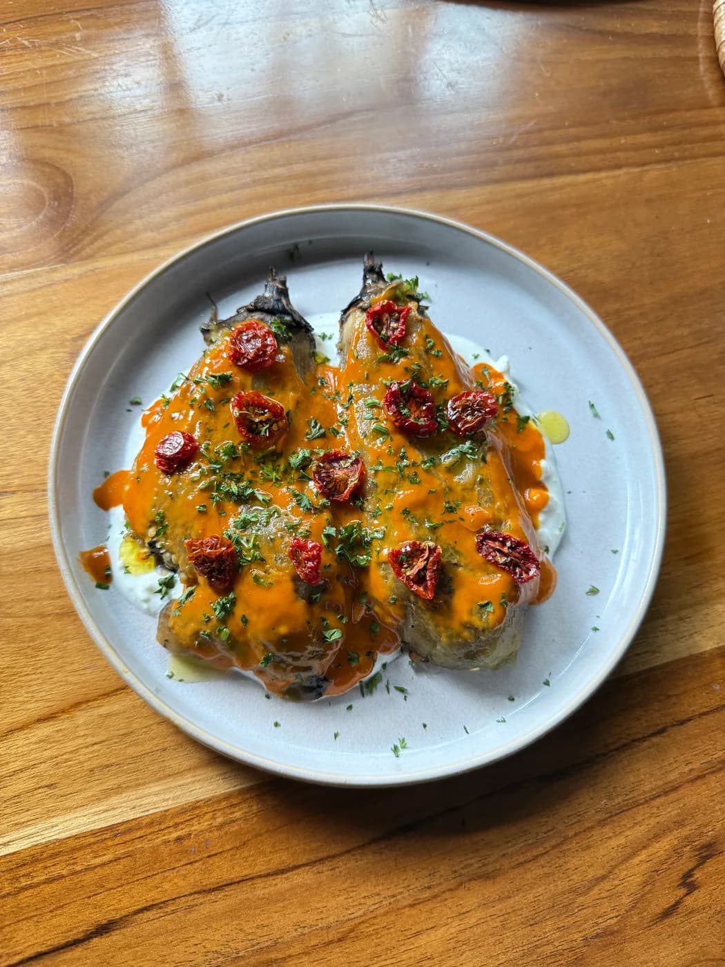 Roasted eggplant, harissa, blistered tomatoes