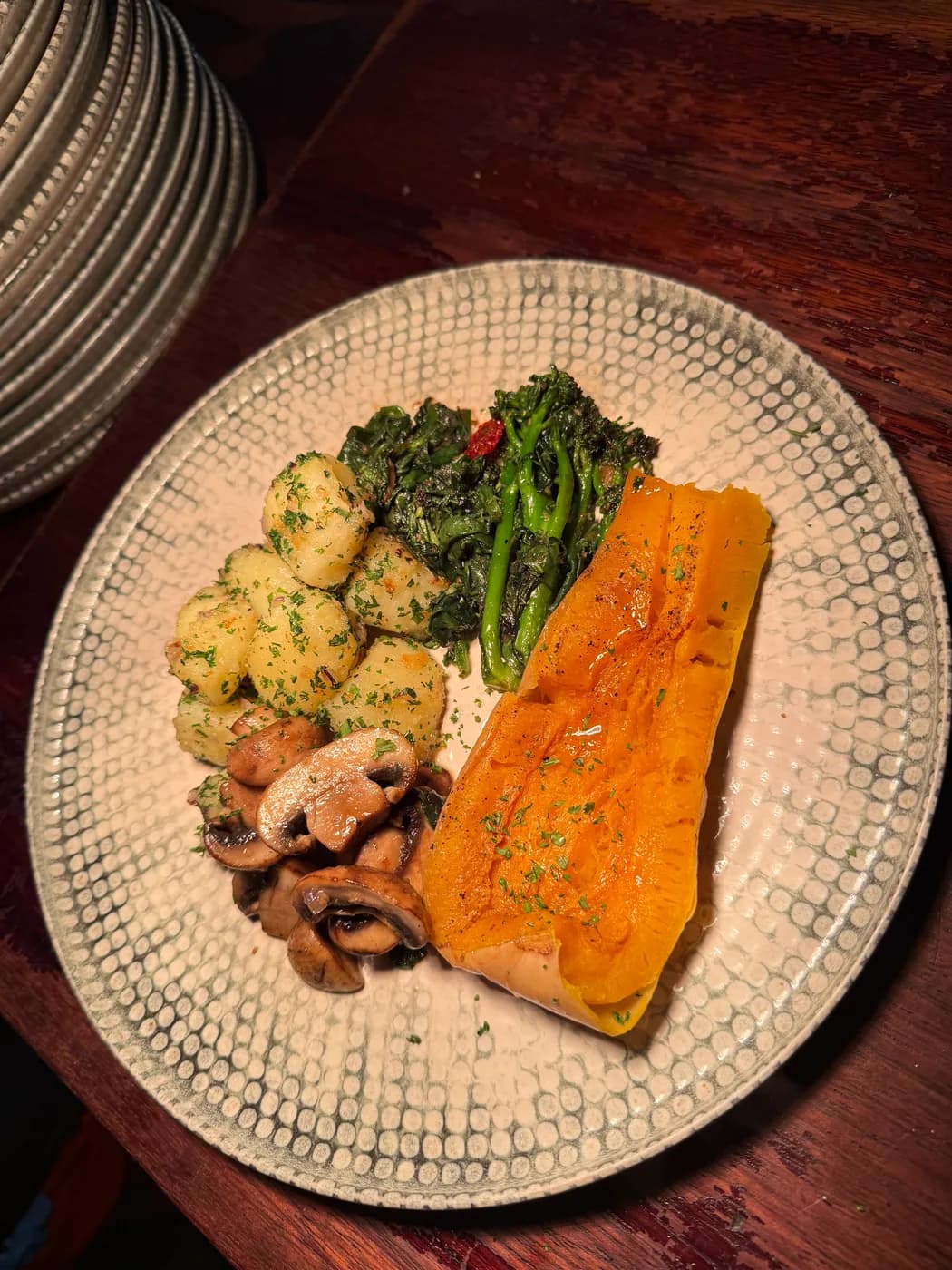 Roasted squash, sautéed greens, mushrooms and potatoes